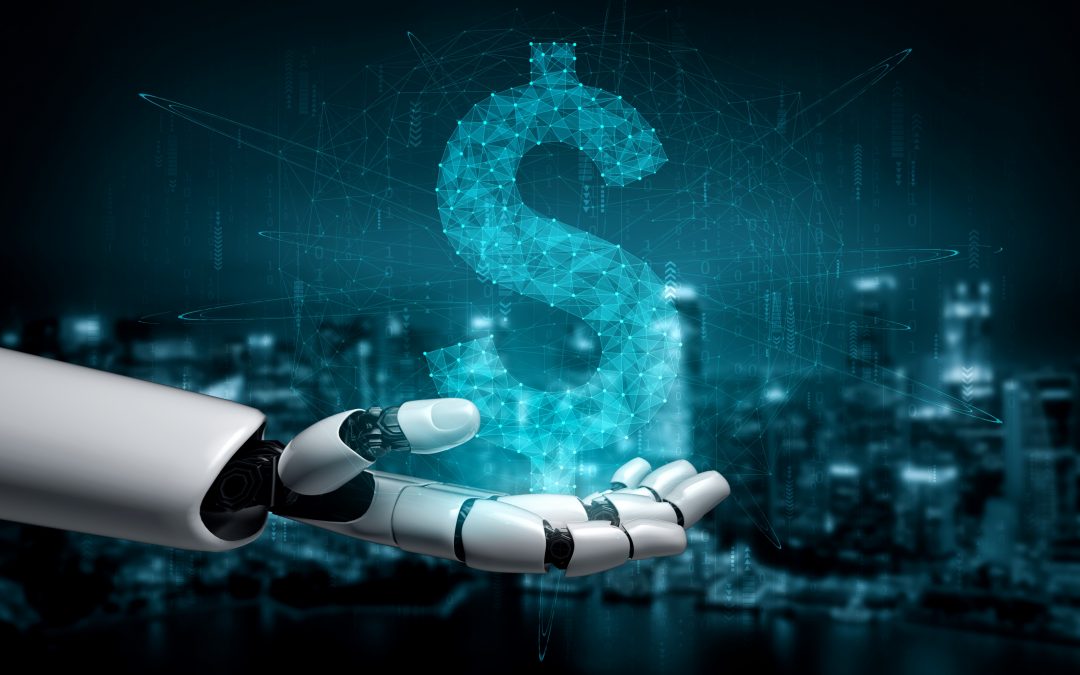 Die Roboterhand, die als Symbol für Künstliche Intelligenz steht, hält ein virtuelles Dollarzeichen als Symbol für den Zahlungsverkehr.